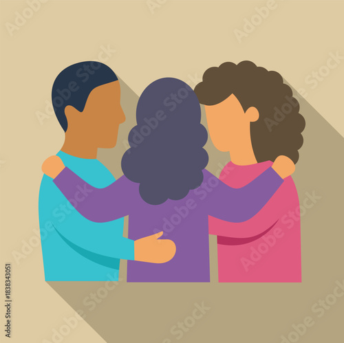 Three friends standing together, sharing a comforting group hug, symbolizing support and unity