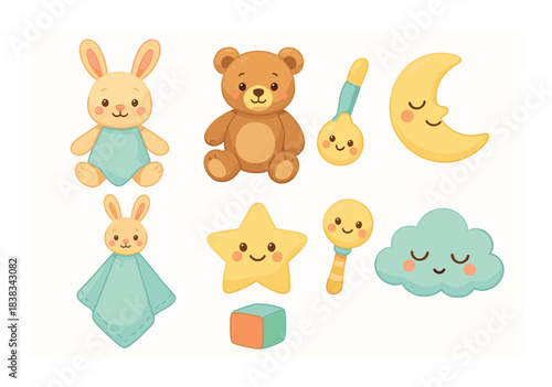 Cute baby toys collection with bunny, bear, and moon designs
