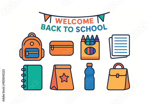 Colorful back to school supplies with backpack, crayons, and lunch bag illustration