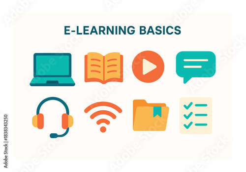 E-learning basics: laptop, book, play button, chat, headset, wi-fi, folder, checklist icons
