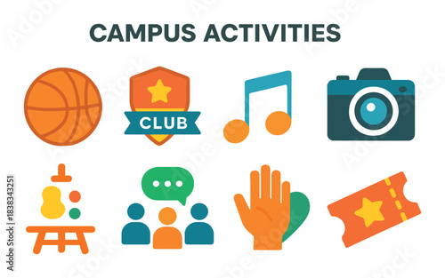 Colorful icons representing diverse campus activities and hobbies