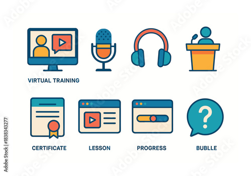 Virtual training icons set featuring microphone headphones presentation certificate