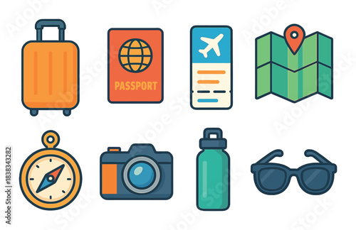 Travel essentials: luggage, passport, ticket, map, compass, camera, bottle, sunglasses