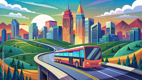 Cityscape view with bus on the highway road