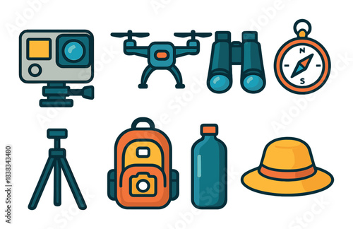 Outdoor adventure equipment icons including drone, camera, compass, binoculars, tripod, backpack, water bottle, hat