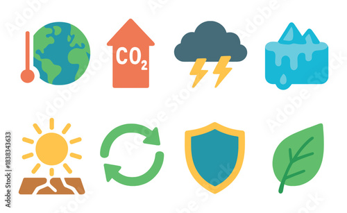 Climate change symbols: co2, storms, ice melt, renewable energy, environmental protection