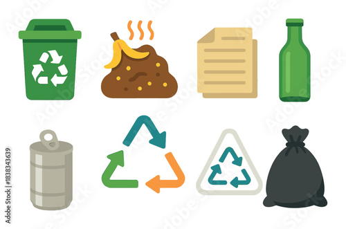 Colorful recycling icons featuring compost, paper, glass, and trash elements
