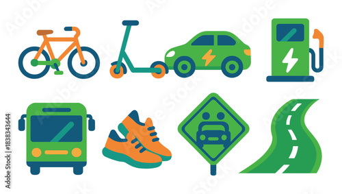 Eco-friendly transportation icons featuring bike, scooter, electric car, bus, charging station, shoes, and road sign