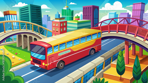 Cartoon bus driving through urban scenery