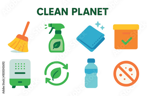 Sustainable cleaning icons with eco-friendly products and recycling symbols