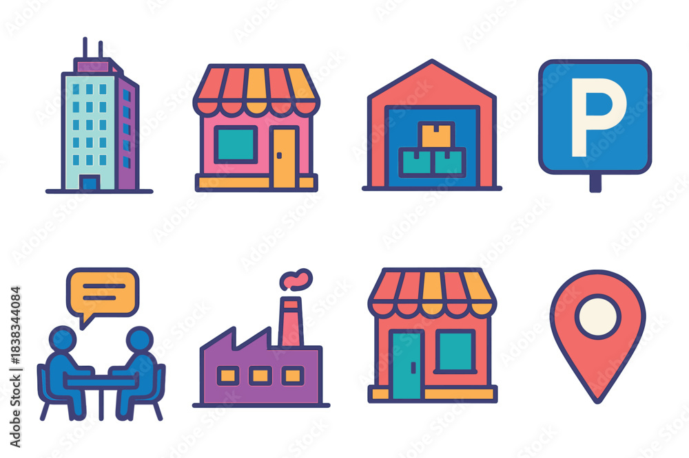 Fototapeta premium Colorful icons of buildings, warehouse, parking, and factory in flat design