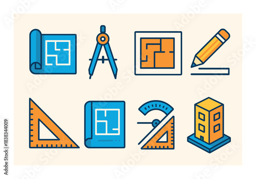 Architectural design elements: blueprints, compass, drafting tools, building model illustrations