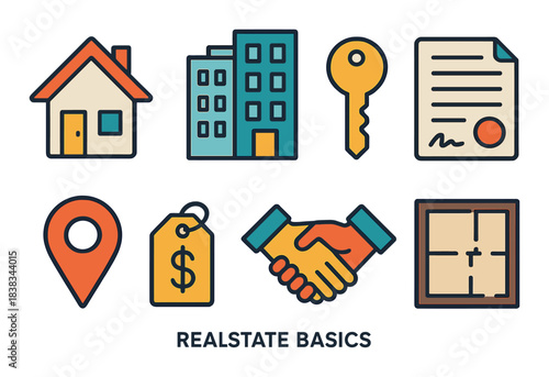 Real estate icons: house, building, key, document, location, price tag, handshake, blueprint