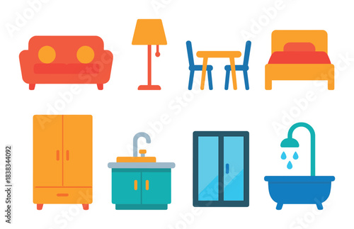 Bright neon icons of household furniture and fixtures in various colors