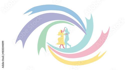 Dancing Couple Silhouette:  Two dancers glide in graceful harmony, their silhouettes forming the heart of a vibrant artistic design, an illustration of love and movement.