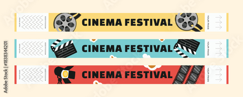 Set of retro cinema festival wristbands with film reel, popcorn and clapperboard illustrations. Admission wristbands exchanged for ticket