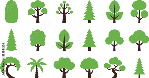 A diverse vector collection of simple flat design trees and foliage, including pine, evergreen, deciduous, and palm trees in various shapes for nature and landscape graphics