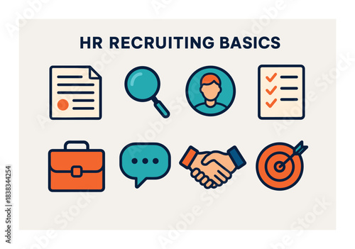 Hr recruiting basics icons - magnifying glass, profile, checklist, briefcase, chat, handshake, target