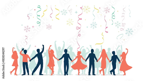 Celebration silhouettes: a joyful crowd gathers together, silhouettes of various shapes celebrate a memorable festive occasion. 