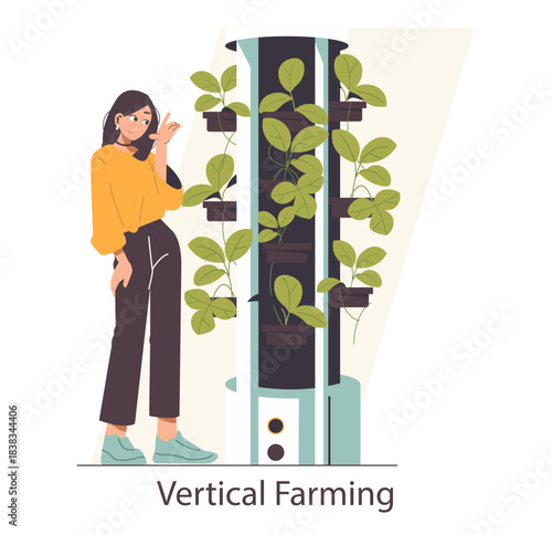 Woman Interacting with Vertical Farming System Illustration