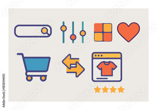 Colorful e-commerce icons: search, cart, settings, heart, exchange, website