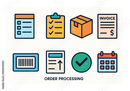 Order processing icons: checklist, package, invoice, barcode, calendar