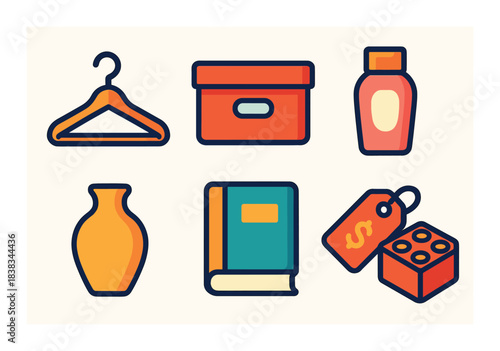 Colorful set of household and personal items: hanger, box, bottle, vase, book, tag, die