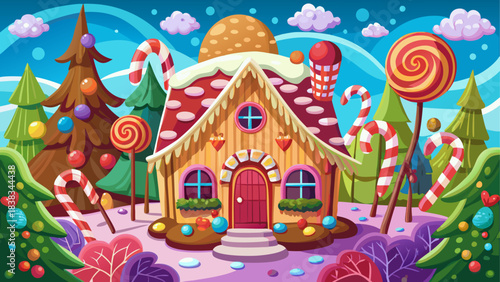 Cartoon gingerbread house in candy forest