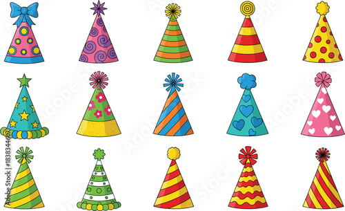 A fun vector collection of colorful birthday and celebration party hats in various shapes and patterns, including stripes, hearts, stars, and polka dots for festive events