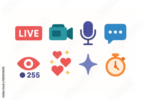 Colorful streaming icons: camera, microphone, chat, live, reactions, viewers, timer