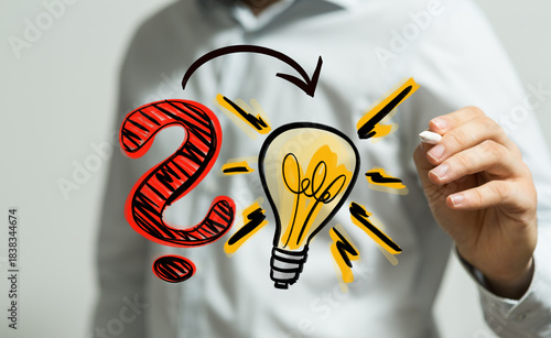 A hand draws a question mar...