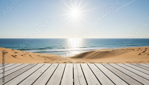 Fototapeta Naklejka Na Ścianę i Meble -  Sunny Ocean Beach with Wooden Deck and Sand Dunes Serene Summer Landscape