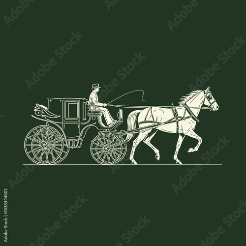 Elegant portrayal of a horse-drawn carriage silhouette in a classic style isolated illustration