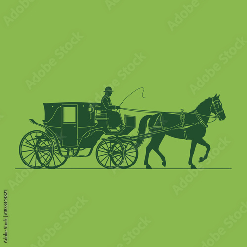 Silhouette of a Vintage Carriage and Driver against a Light Green Backdrop Creates a Historic