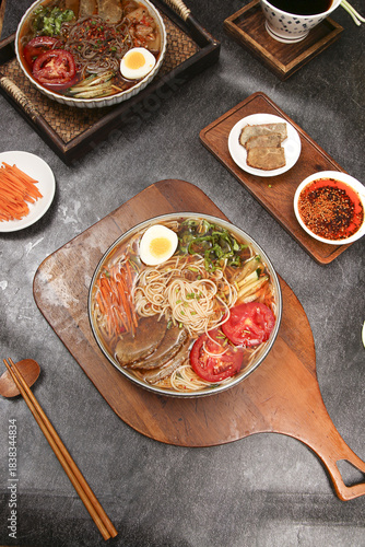 Yanbian Korean-Chinese Cold Noodles with Beef and Egg Traditional Asian Cuisine