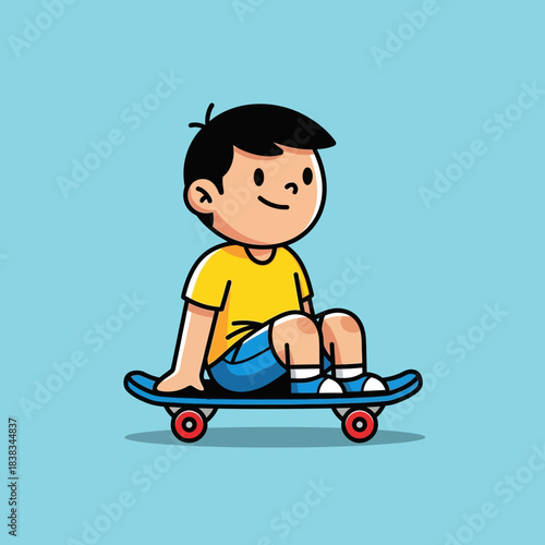 Boy sitting contentedly on skateboard with carefree expression in stylized cartoon illustration