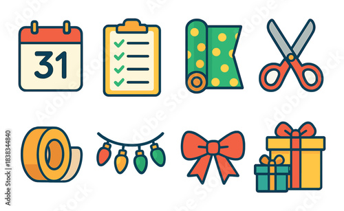 Festive holiday icons: calendar, checklist, wrapping tools, and gift decorations