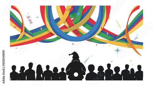 Celebration of unity: A symbolic illustration depicts the silhouette of a gathering, united in celebration beneath a vibrant cascade of colorful ribbons. Representing harmony and joy.