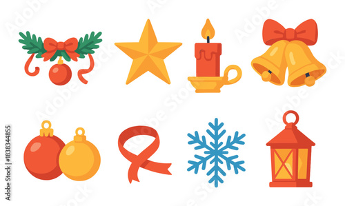 Festive icons: christmas decorations including bells, candles, and snowflakes