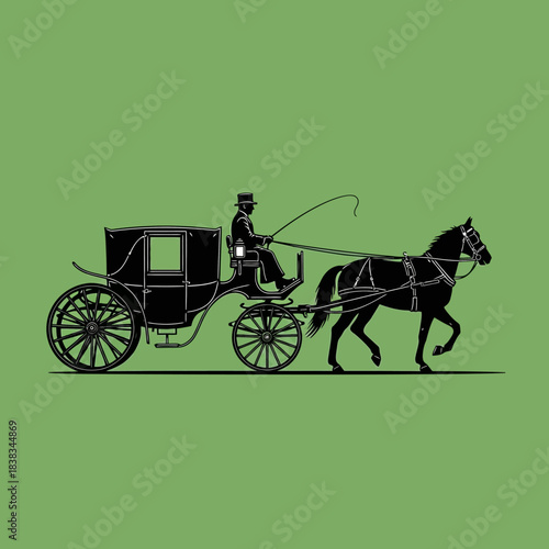 Elegance and tradition black horse drawn carriage silhouette on green background featuring a