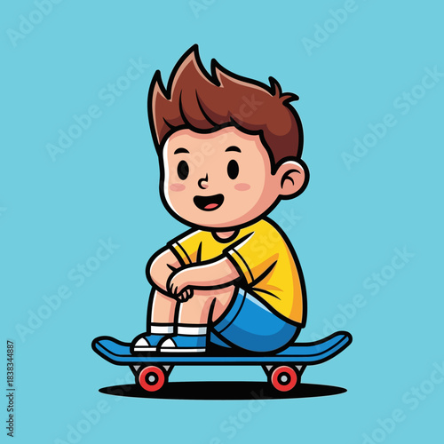 A cartoon illustration of a boy sitting on a skateboard expressing happiness and joyful attitude