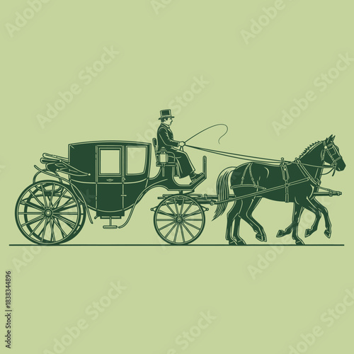 Vintage equestrian transport illustration featuring an antique horse-drawn carriage and driver