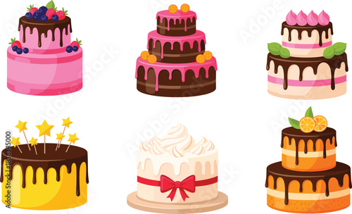 A vector collection of six colorful tiered birthday and celebration cakes decorated with fruits, frosting, drizzles, stars, and bows, perfect for party invitations and design