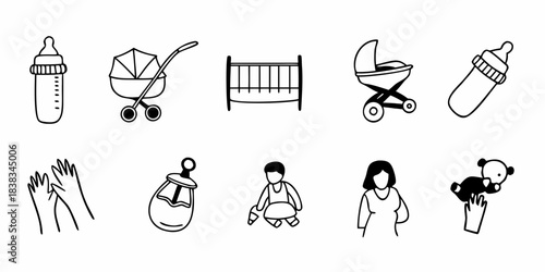 Essential baby care icons, illustrating a comprehensive concept of newborn needs including feeding, sleeping, and play, perfect for various design applications