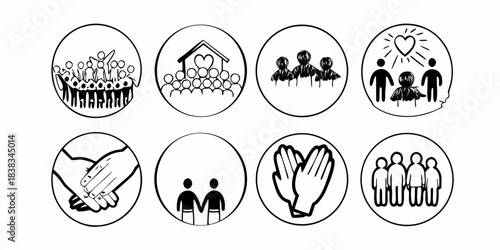 A collection of circular icons depicting various aspects of community and togetherness, symbolizing unity and support