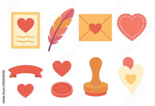Romantic elements collection with feather, heart, and love letter icons