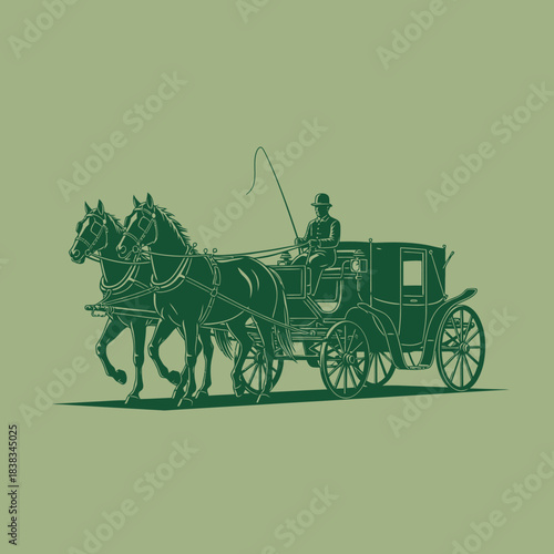Vintage horse carriage drawing with a driver in muted green tone illustration