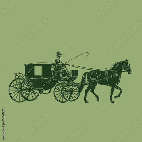 Vintage horse-drawn carriage illustration on a subdued green background displaying historical