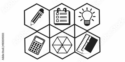 Graphic tools and concepts represented by essential hexagonal icons in a clean black and white style, perfect for design, planning, and educational projects