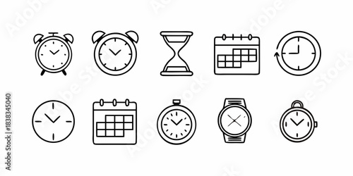 Collection of Timekeeping Devices and Calendar Icons Representing Concepts of Time Management and Scheduling